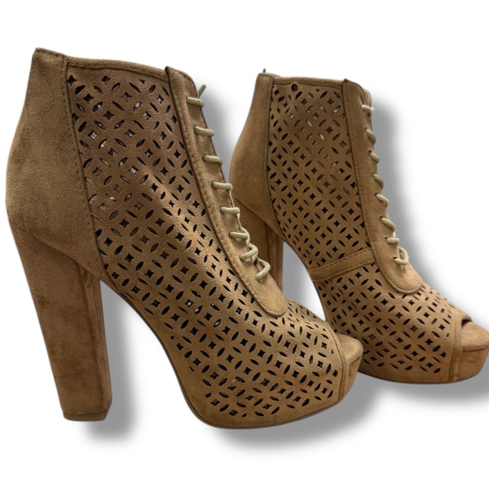 Delicacy Tan Faux Suede Peep Toe Lace Up High Heel Booties Women's SZ 9